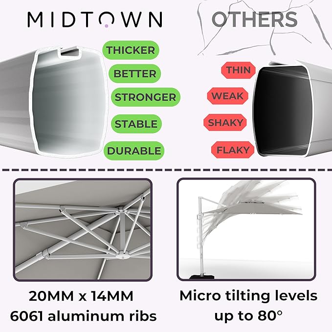 Midtown Umbrellas 10 Ft Outdoor Cantilever Patio Umbrella w/Sunbrella Cast Slate Fabric - 360° Rotate Offset Patio Umbrella, Deck Patio Umbrella, Backyard Umbrella & Garden Umbrella - Silver Frame