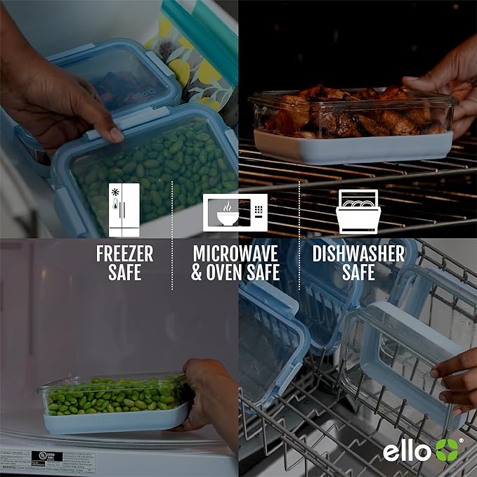 Ello Duraglass 3.4 Cup Meal Prep Sets 10Pc,Set-Glass Food Storage Container with Silicone Boot and Airtight BPA-Free Plastic Lids,Dishwasher,Microwave,and Freezer Safe,Halogen Blue,5 Count (Pack of 2)