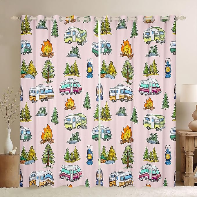 Feelyou Vintage Pink Camper Blackout Curtains Rustic Camping Trailer Darkening Drapes for Bedroom Living Room Decor Camping Tree Theme Thermal Insulated Shades Window Treatments, 2 Panels 42 x 84 Inch