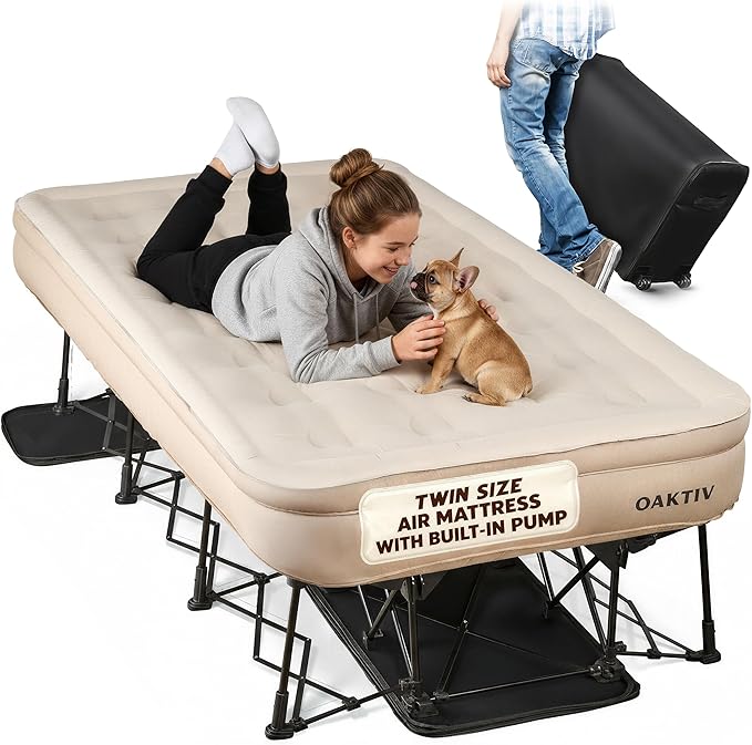 Twin Air Mattress with Frame, Self Inflating/Deflating Bed for Adults - PeakRest Blow Up Bed, Camping Cot with Mattress for Adults - Portable Twin with Travel Rolling Case on Wheels