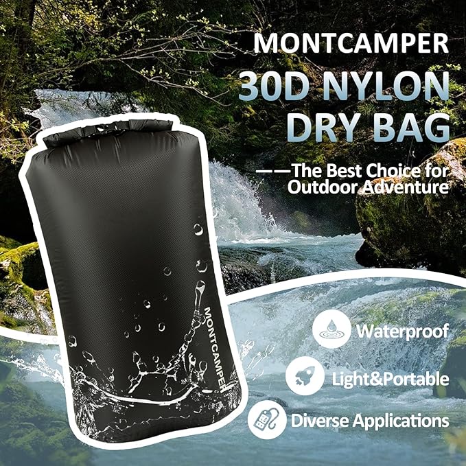 Waterproof Dry Bag 35L – 30D Nylon Roll Top Dry Sack with DWR & PU Coating, Lightweight Water-Resistant Storage for Kayaking, Camping, Hiking, Fishing & Beach (Black)