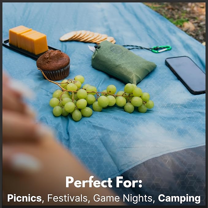 ECCOSOPHY Sand Proof Beach Blanket - Waterproof Picnic Blanket 60x55-Outdoor Compact Pocket Blanket-Lightweight Ground Cover for Hiking, Camping, Festivals, Sports, Travel-with Bag & Stakes (Denim)