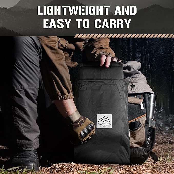 Bushcrafter Waterproof Camping Tarp - Lieghweight, Durable, Reflective Shelter Tarp or Rain Fly - Camping Essentials for Hiking, Bushcraft & Hammock, 8 x 8 ft, Black, TAC-STP101-BK