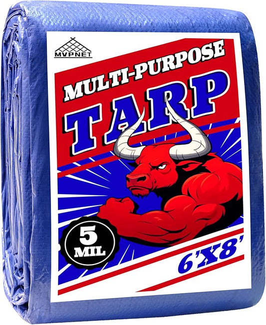 Tarp 6x8 ft 100% Waterproof Uv Resistant High Durability Multipurpose 5mil Blue Tarp for Covering Courtyards, Cars, Camping, Gardens, Pet Nests -by MVPNET