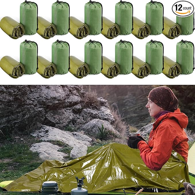 Mixweer 12 Pcs Emergency Sleeping Bag Portable Survival Thermal Bivy Sack Lightweight Emergency Shelter for Homeless People Waterproof Bivy Bag for Camping Hiking Adventure Outdoor, Green