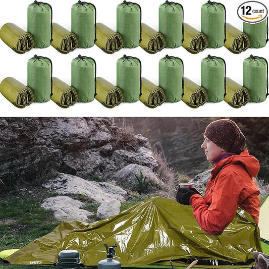 Mixweer 12 Pcs Emergency Sleeping Bag Portable Survival Thermal Bivy Sack Lightweight Emergency Shelter for Homeless People Waterproof Bivy Bag for Camping Hiking Adventure Outdoor, Green