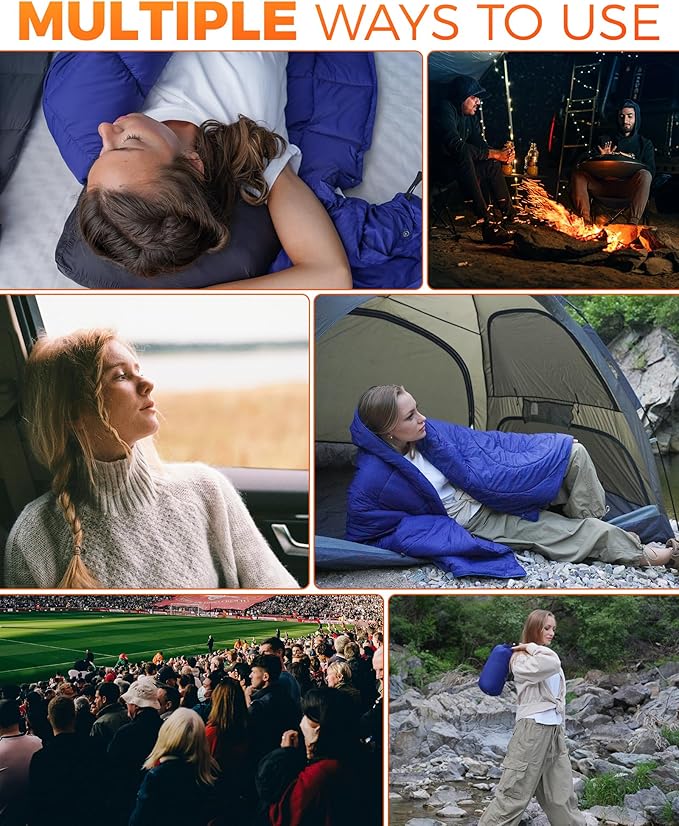 KingCamp Ultralight Camping Blanket, Packable Down Alternative Puffy Wearable Blankets Weatherproof Warm Package Quilt with Snap Buttons for Outdoor Hiking Travel Picnic Stadium (69" L x 53" W, Navy)