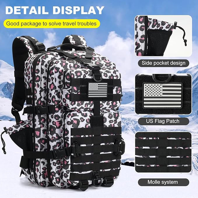 45L MOLLE Assault Backpack, Tactical Backpack Military Army Camping Rucksack with Bottle Holder, 3-Day Pack Trip w/USA Flag Patch, D-Rings, Leopard