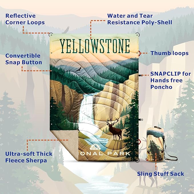 Sherpa Puffy Outdoor Blanket for Camping, Traveling, Car, Picnics, Beach, Concert, Stadium Sporting Events - Wearable, Machine Washable, Soft, Warm, Waterproof - 55 X 78 (Yellowstone NP)