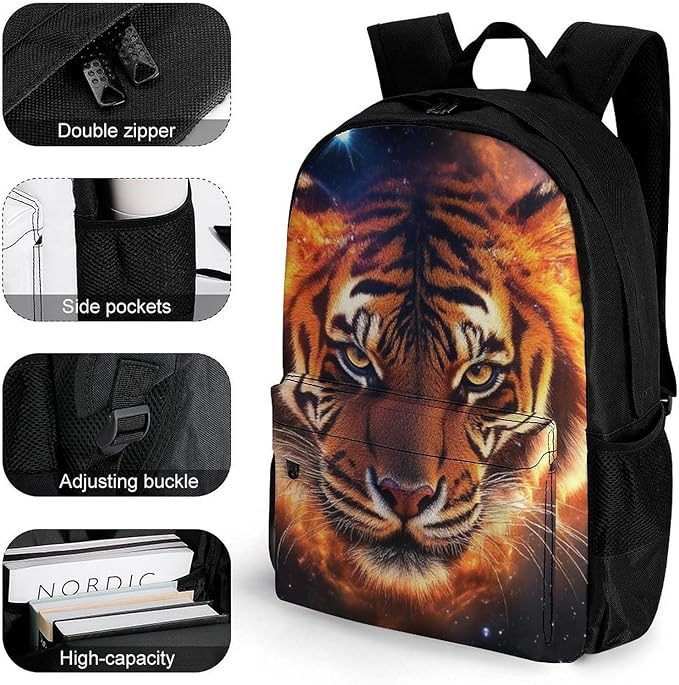 Backpack Polyester Anti-Theft Multipurpose Space Fire Flame Animal King Wild Angry Tiger Bookbag Large Capacity Laptop Book Bag Rucksack With Side Pockets