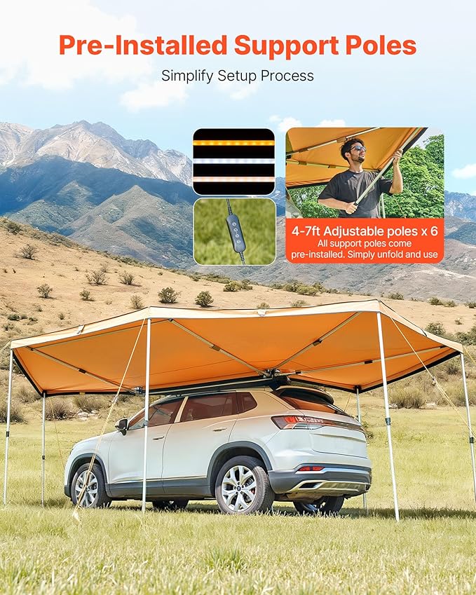 VEVOR 270 Degree Awning with Bulit-in LED Lights, 117 sq.ft Driver Side Vehicle Awning, Waterproof UV50+ Car Side Awnings, All-Weather Free-Standing Overland Awnings Car Shelter for SUV Truck Camping