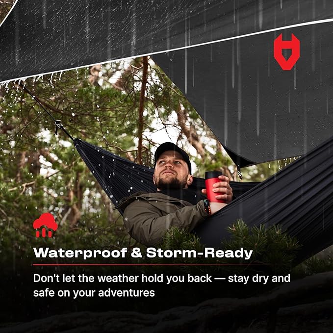 Rain Fly 12x10 Lightweight Survival Camping Tarp; 100% Waterproof; Makes a Great Backpacking Tarp or Hammock Shelter; Comes in Multiple Colors, Survival Bracelet Included; Black