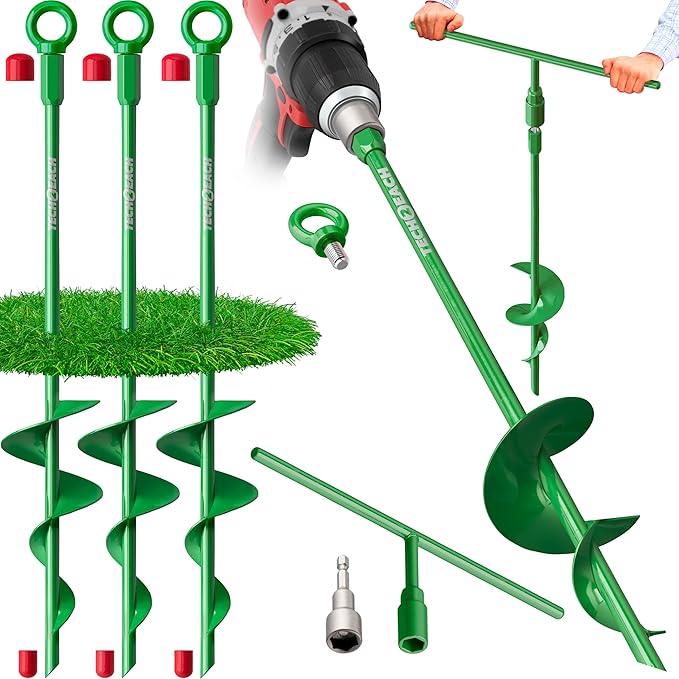 18" Heavy Duty Ground Anchors Kit (Green 4 Pcs) - Shed Tree Tent Dog Canopy Trampoline Anchor Kit - Long Spiral Earth Auger - Tie Down Screw in Swing Set Anchors - to Ground Stakes - Sand Anchor Kit