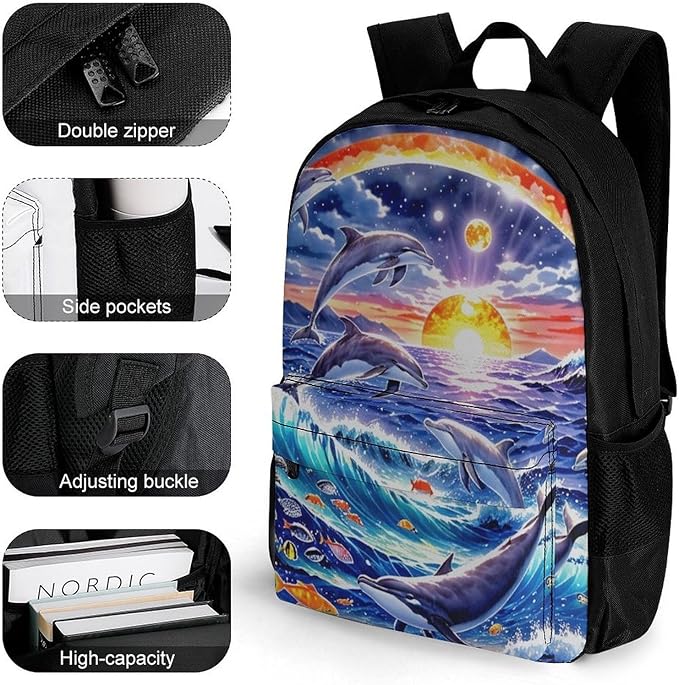 Supdreamc Polyester Daypack Bookbag for Gym Business Bicycle, Large Capacity Multipurpose Anti-Theft Carry On Bag, Dolphin Underwater World Rainbow Travel Hiking Daypack