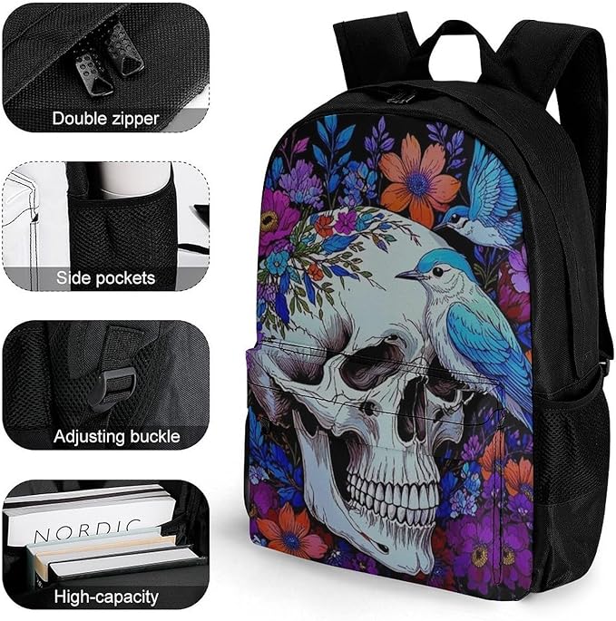 Polyester Daypack Backpack for Trekking Picnic Walking Cycling, Large Capacity Anti-Theft Multipurpose Shoulder Bag, Hippie Skull Florals Bird Art Casual Daypack