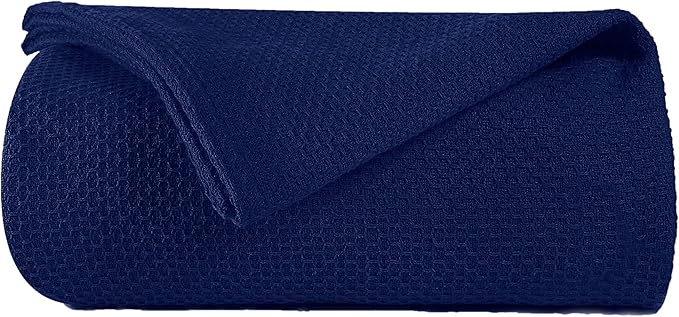BOUTIQUO 100% Cotton Bed Blanket, Breathable Thermal Blanket King Size, Soft Honeycomb Waffle Blanket 90"x102", Cotton Bed Blanket, Perfect for Layering Any Bed for All Season, Navy Blue