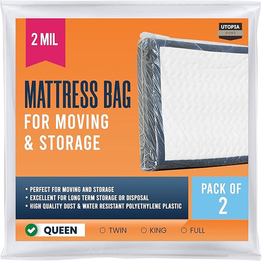 Utopia Home Queen Size Mattress Cover for Moving (2 Pack), 2 Mil Thick Plastic Mattress Bag for Disposal, Mattress Encasement Fits Mattresses up to 14 Inches, Mattress Bags for Moving