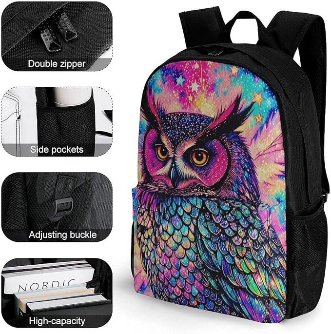 Supdreamc Rucksacks Lightweight Multipurpose Anti-Theft Galaxy Owl Shoulder Bag Big Capacity Laptop Book Bag Rucksack With Padded Straps