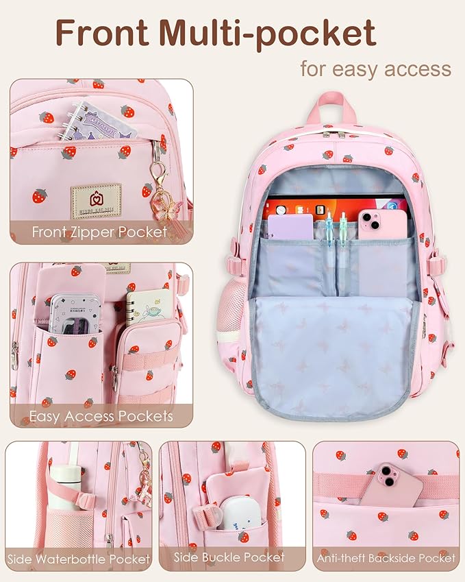 Laptop School Backpack for Teen Girls Women 15.6 Inch Cute College Backpacks Large Elementary Middle High School Bag Kids Student Strawberry Bookbag Anti Theft Travel Casual Daypack (Pink-Strawberry)