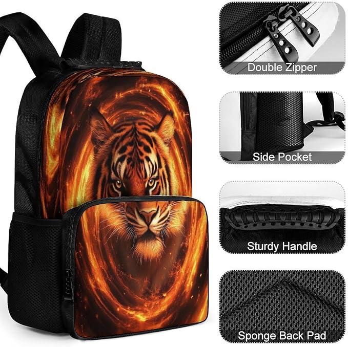 Lightweight Backpack for Gym Travel Bicycle, Big Capacity Multipurpose Anti-Theft Carry On Bag, Wild Angry Animal King Fire Flame Tiger Travel Hiking Bag Day Pack