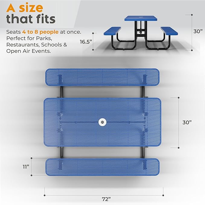 Metal Picnic Furniture for Outdoors with Umbrella Hole - Coated Steel Heavy Duty Commercial Grade Table with Adjustable Seats, Patio Set for a Lifetime (Blue, 6' Rectangular, Punched Steel)