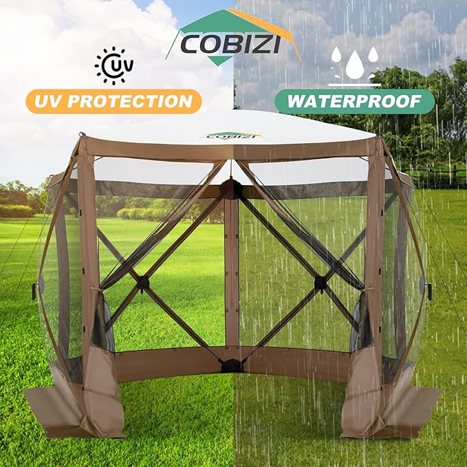 COBIZI 10x10 FT Pop up Gazebo, Popup Canopy Tent,Screened in Gazebos with sidewalls,Waterproof Portable Outdoor Small Screen Tents Sun Shelter,carpas para Patio for Camping,Garden,Backyard,Brown