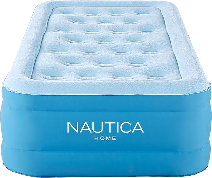 Nautica Home 15" Cool Comfort Size Twin Premium Air Mattress with Pillow Top, Raised Inflatable Airbed, Comfort Coil Technology, Built-in Pump, Anti-Leak Vinyl, Storage Bag