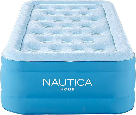 Nautica Home 15" Cool Comfort Size Twin Premium Air Mattress with Pillow Top, Raised Inflatable Airbed, Comfort Coil Technology, Built-in Pump, Anti-Leak Vinyl, Storage Bag