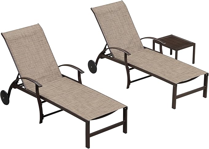 PURPLE LEAF Outdoor Chaise Lounge Chair Set of 3 Patio Pool Lounger Aluminum Chairs with Side Table and Wheels Adjustable Tanning Recliner for Outside Backyard Yard Deck Balcony Beach Brown