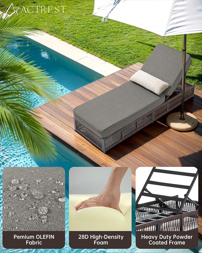 Luxury Outdoor Chaise Lounges with 5 Inch Thickened Cushions - Set of 2 High Back Brown Wicker Patio Recliners Rattan Reclining Chairs Porch Poolside Pool Sunbathing Lounger - Grey