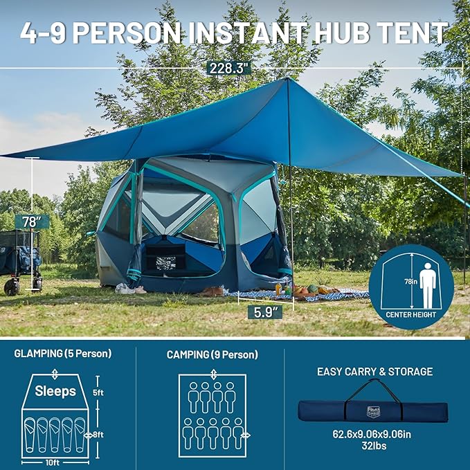 TIMBER RIDGE 4/6/8 Person Instant Pop Up Cabin Tent, Easy 60 Second Setup, Weather Resistant Camping Family Hub Tent with Rain Fly and Carry Bag for Outdoor Camping & Overlanding