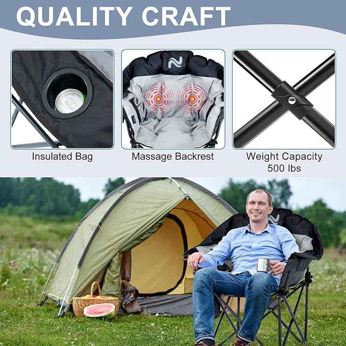 ABORON Oversized Heated Camping Chair, Portable Folding Recliner Chair with 3 Heat Settings & Massage Fuction, Fully Padded Heavy Duty Lawn Chair Supports Up to 400lbs, Ideal for Outdoor Relaxation