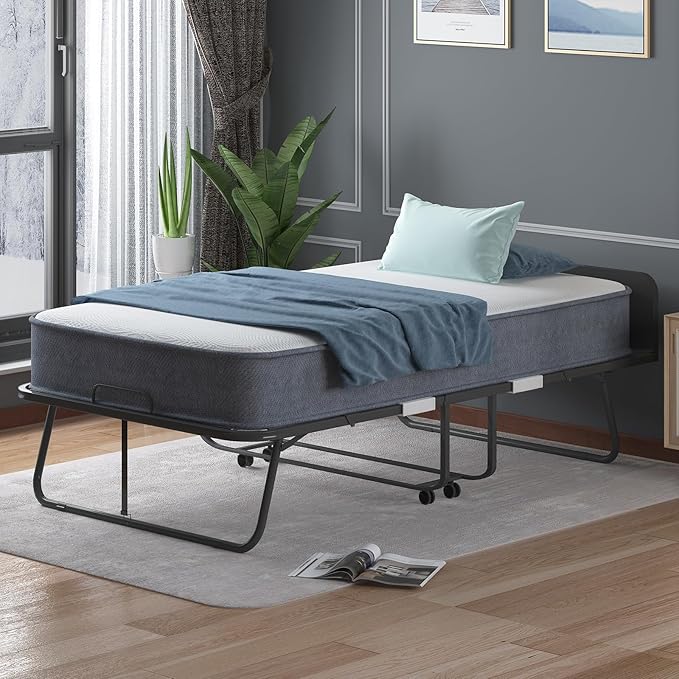 CECER Folding Bed with Mattress, 75" x 31" Rollaway Bed for Adults, 5 inch Thick Foam Mattress，Cot Size Portable Foldable Bed with Headboard & Sturdy Metal Frame，Fold Up, Roll Away