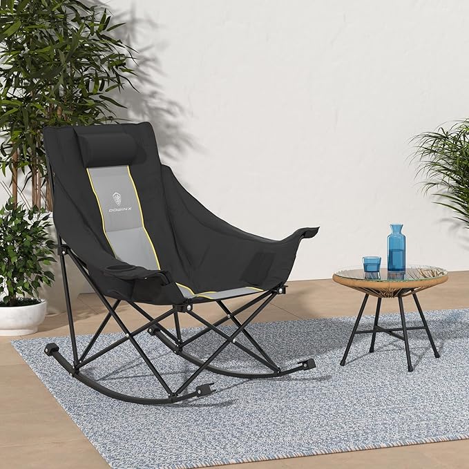 Dowinx Oversized Rocking Camping Chair, Fully Padded Patio Chair with Side Pocket and Carry Bag, High Back Portable Lawn Recliner with Headrest, Support 300 lbs, Black