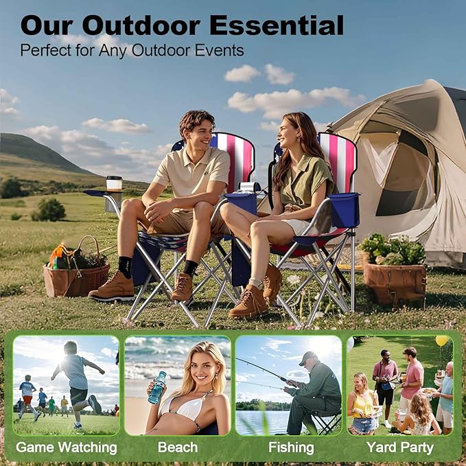 Folding Camping Chairs Durable 600D Oxford, Portable Outdoor Chair with Cooler Pouch, Cup Holder & Storage Pocket for Camping, Beach, Fishing