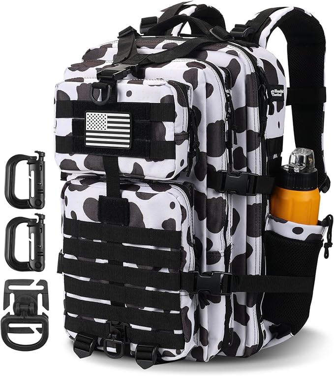 45L MOLLE Assault Backpack, Tactical Backpack Military Army Camping Rucksack with Bottle Holder, 3-Day Pack Trip w/USA Flag Patch, D-Rings, Cow Color