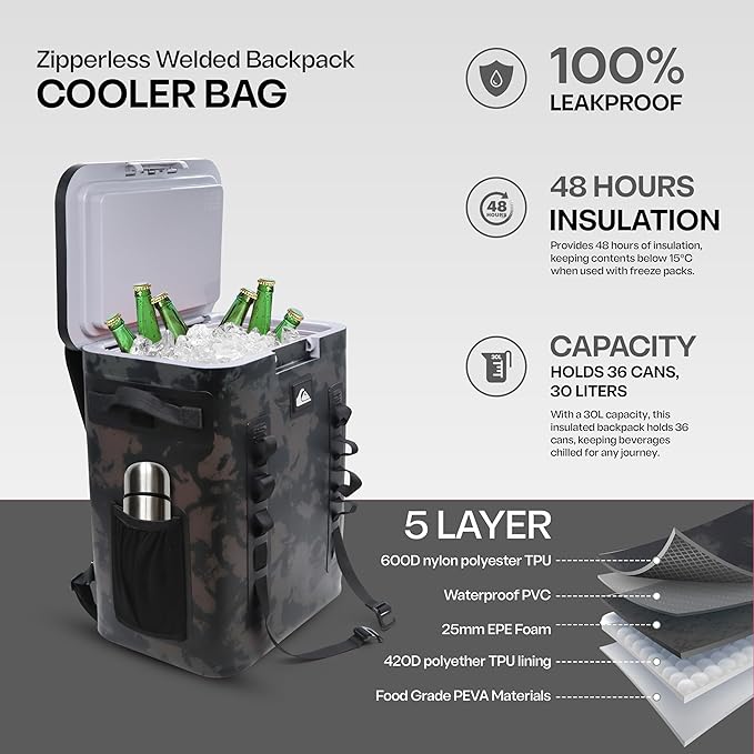 Quiksilver Zipperless Backpack Cooler 30L, Holds 36 Cans, 48 Hour Insulation, Leakproof & Waterproof Design, Heavy Duty TPU, IPX7, Padded Straps, Kangaroo Pockets