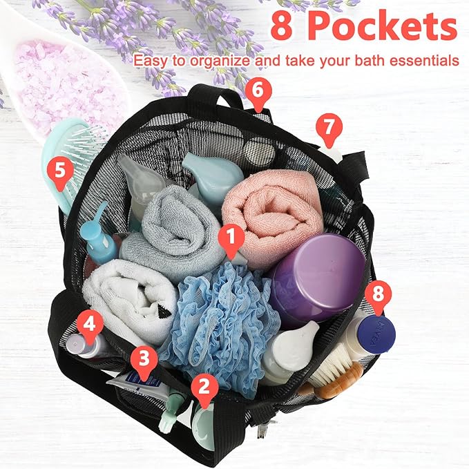 Mesh Shower Caddy Portable for College Dorm Room Essentials, 8-Pocket Large Shower Basket Tote Bag with 2 Handles for Toiletry, Bathroom, Beach, Camp, Gym