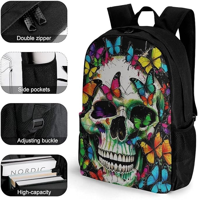 Men Women Polyester Mexican Skulls Colorful Butterfly Daypack Bookbag Big Capacity Shoulder Bag With Padded Straps for Climbing Travel Walking Cycling