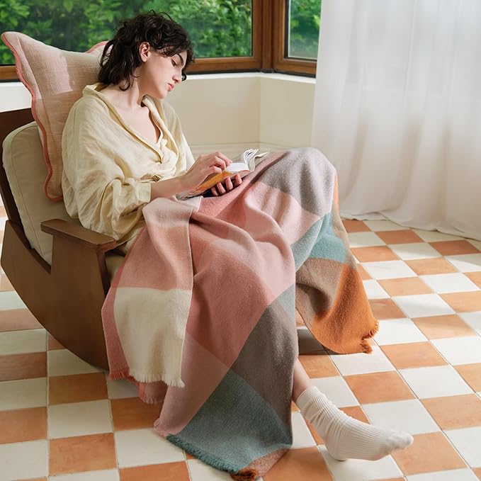 Double Stitch Alpaca Wool Throw Blanket - Warm, Soft Blanket for Couch, Luxury & Decorative Fleece Throw, Fall Plaid, Gift for Mother's Day, House Warming, 50" x 60", Harvest Multi