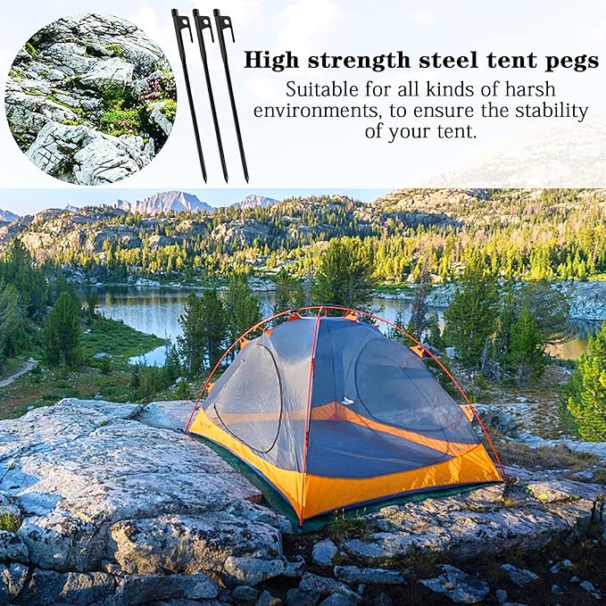 12 Pack Tent Stakes Heavy Duty, Metal Black Camping Stakes, Steel Tent Spikes, Canopy Stakes, Tent Pegs for Car Camping, Yard Decoration, Tarp, Shade Tent, Picnic