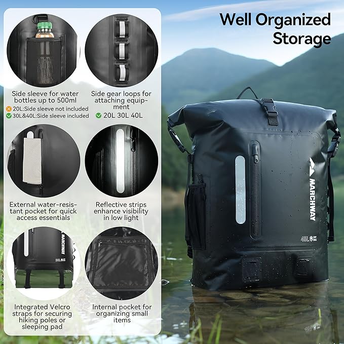 MARCHWAY Roll Top Waterproof Backpack, Floating Dry Bag 20L/30L/45L with Ergonomic Rectangular Base, Cushioned Back, Hip Strap for Hiking Camping Kayaking Travel (Black, 45L)