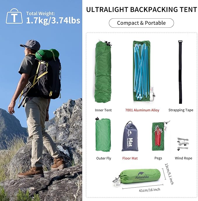 Naturehike Cloud Up 1 Person Tent, Lightweight Backpacking Tents for One Man, Waterproof Ultralight One Person Tent for Camping Hiking Backpacking