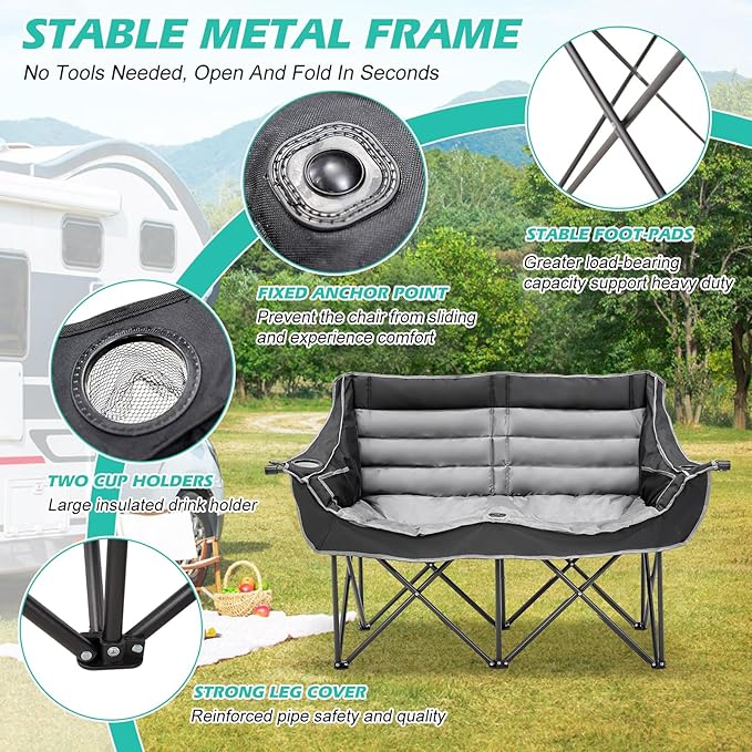DoCred Double Camping Chair - Oversized Loveseat, 2 Person Camping Chair for Adults Heavy Duty,Two Person Folding Chair with Cup Holder, Supports up to 500 LBS for Outside Picnic Beach Travel