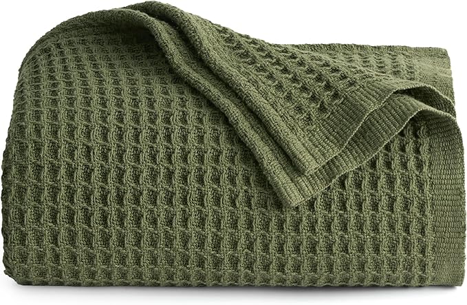 Bedsure Gentlesoft 100% Cotton Large Throw Blanket for Couch 50x70 inches - Breathable and Soft, Waffle Weave Throw Blanket for Office, Olive Green