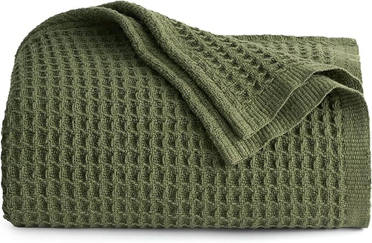Bedsure Gentlesoft 100% Cotton Large Throw Blanket for Couch 50x70 inches - Breathable and Soft, Waffle Weave Throw Blanket for Office, Olive Green