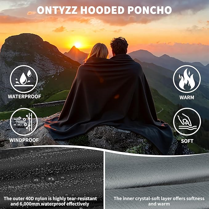ONTYZZ Waterproof Camping Blanket, Windproof Poncho Hoodie Blankets with with Crystal Velvet Lining, Wearable Sleeping Bag for Stadium, Concerts, Car Travel, Beach, Picnic, Two Pack(79 x 59'')