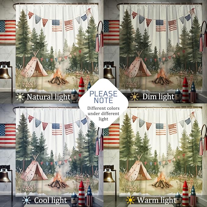 Camping Shower Curtain, Watercolor Peach Tent and Campfire Bath Curtain for Bathroom Decor, Summer Outdoor Rustic Bohemian Waterproof Fabric Shower Curtain Set with Hooks 72x78 Inch