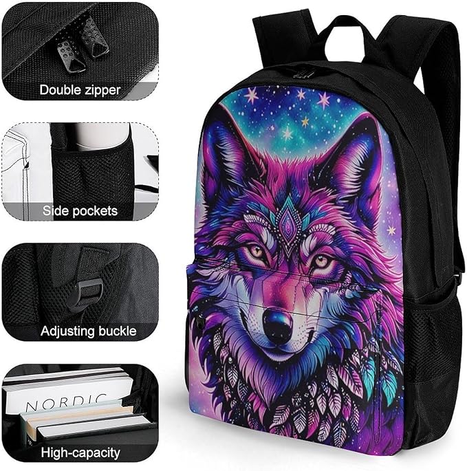 Supdreamc Men Women Polyester Naive Wolf Head Pink Daypack Bookbag Big Capacity Shoulder Bag With Padded Straps for Climbing Travel Walking Cycling