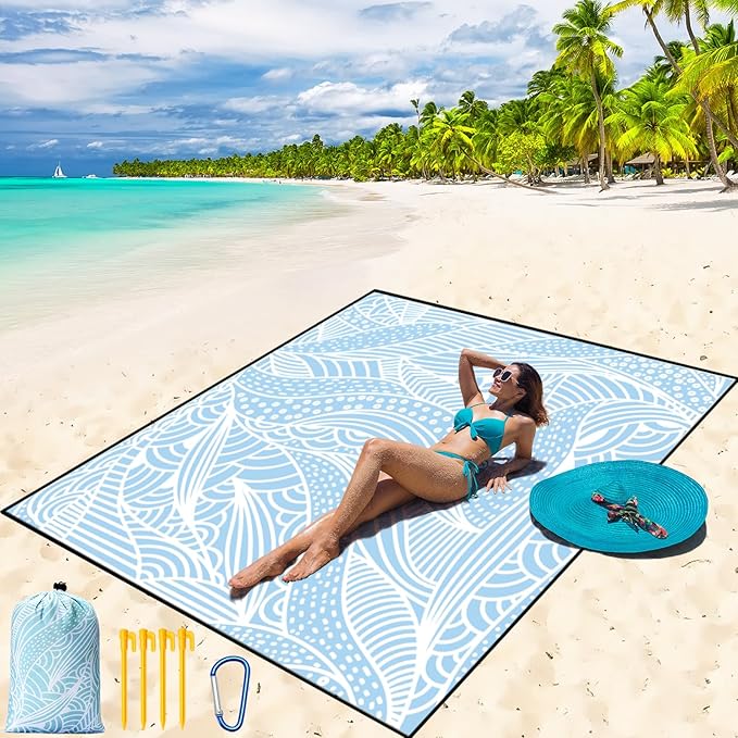 Beach Blanket Waterproof Sandproof Beach Mat 79" X 83"/10'x9'for 2-8 Adults Quick Drying Outdoor Picnic Mat Beach Accessories for Travel, Camping, Hiking